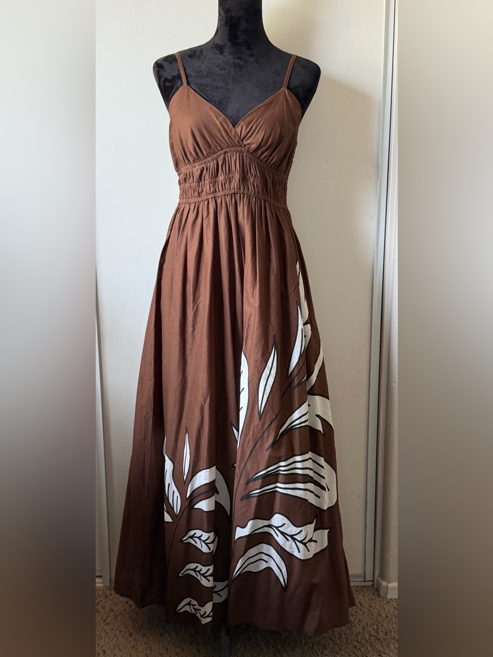 JAPNA Brown Tropical Leaf Print V-Neck Smocked Maxi Dress